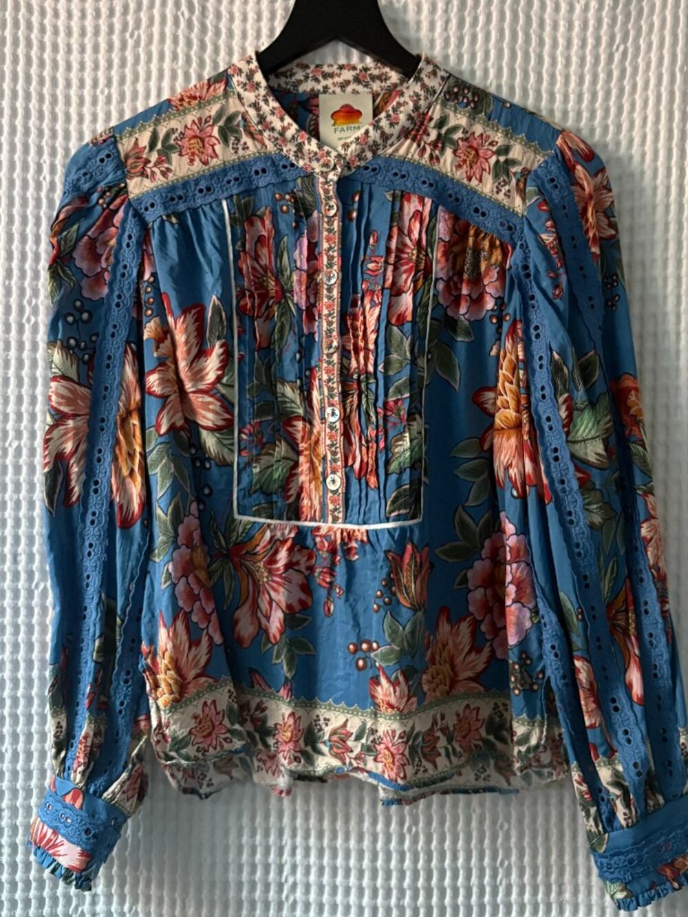 FARM Rio Blue Wonderful Bouquet Long Sleeve Blouse Eyelet Lace Boho Small